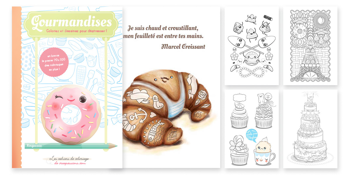 Couverture et extraits du livre de coloriages pour adultes : Gourmandises, coloriez et dessinez pour déstresser !